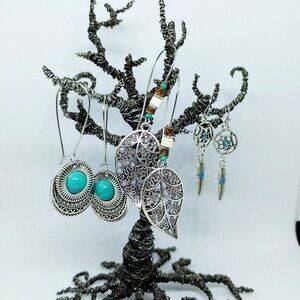 SALE!! 3 Pair BOHO ETHNIC EARRINGS, Silvery, Faux Turq BLUE BUNNY'S BOHO BAUBLES